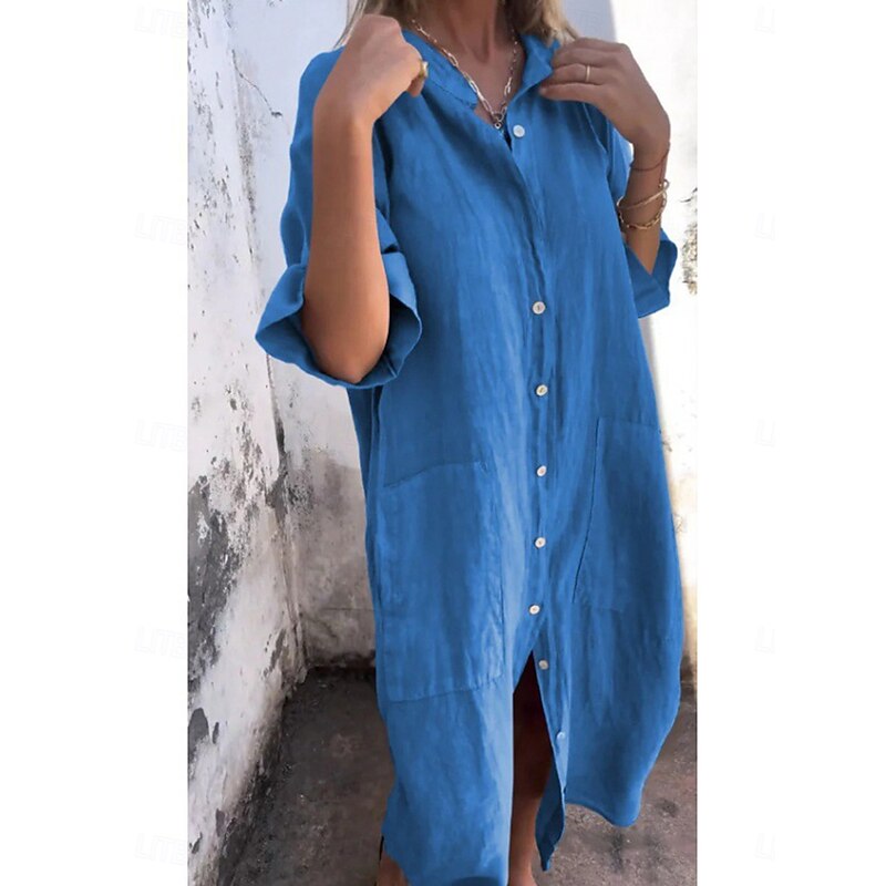 Women's Cotton Midi Dress Athletic Dress Casual Cocktail Office Date Regular Fit Plain Half Sleeve Shirt Collar Black Red Blue Orange Summer3