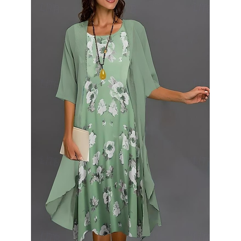 Women's Graduation Dress Midi Dress Chiffon Dress Shift Dress Elegant Vacation Party Wedding Wedding Guest Daily Loose Fit Floral Half Sleeve Crew Neck Pink Blue Green Gray Summer Spring4