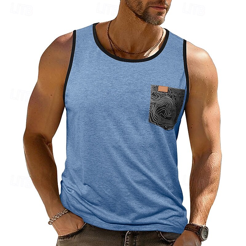 Men's Tank Top Vest Sleeveless Shirt Sleeveless Crewneck Summer Color Block Fashion Classic Comfortable Pocket Vacation Casual Holiday Dark Red Dark Navy Blue Top Tee for Men