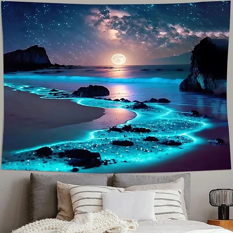 Landscape Night Ocean Hanging Tapestry Wall Art Large Tapestry Mural Decor Photograph Backdrop Blanket Curtain Home Bedroom Living Room Decoration4