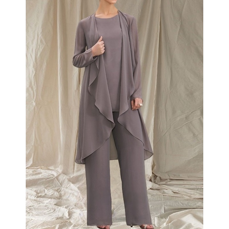 Pantsuit 3 Piece Mother of the Bride Dress Wedding Guest Elegant Crew Neck Floor Length Chiffon Long Sleeve with Ruffles3
