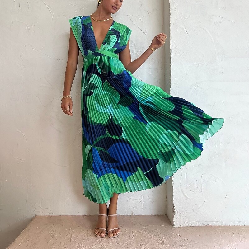 Women's Midi Dress Party Dress Cocktail Dress Ruched Dress Fashion Party Tea Party Regular Fit Tie Dye Sleeveless Deep V Green Summer4