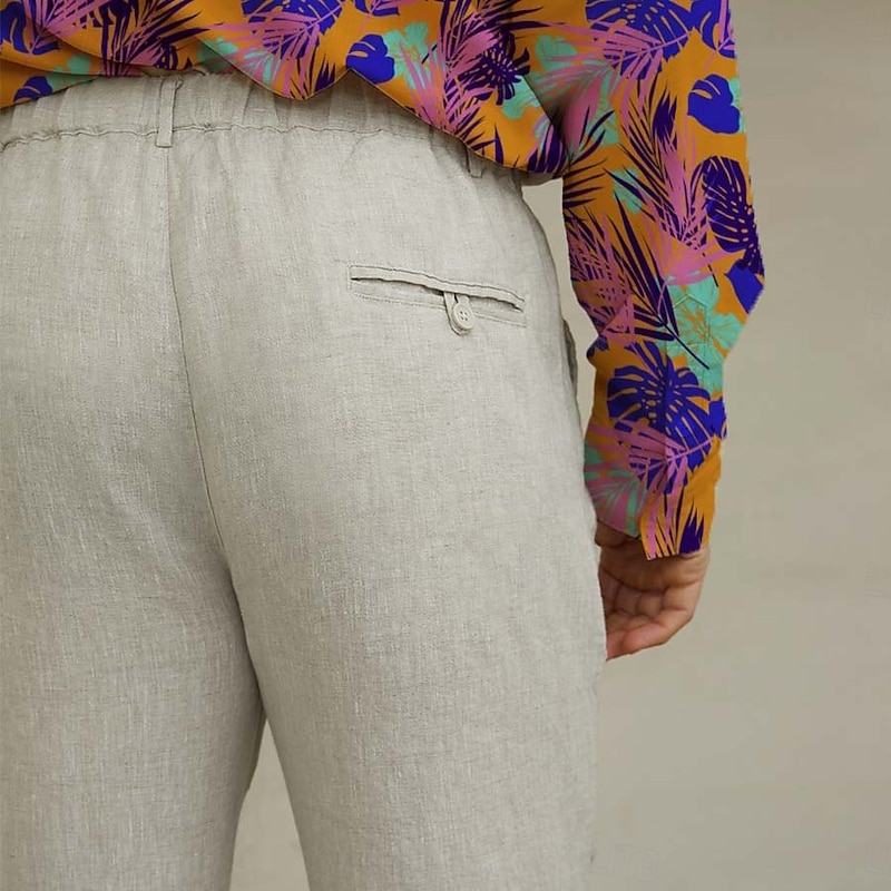 Men's 100% Linen Pants Trousers Drawstring Elastic Waist Straight Leg Plain Comfort Breathable Casual Daily Holiday Fashion Classic Style Beige3