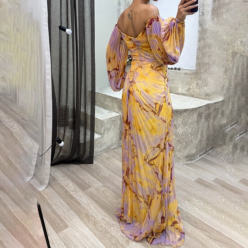 Women's Long Dress Maxi Dress Party Dress Ruched Dress Fashion Party Evening Party Regular Fit Flower Long Sleeve V Neck Yellow Wine Blue Green Summer4