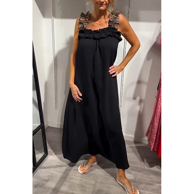 Women's Maxi Dress Slip Dress Vacation Outdoor Beach Tailored Fit Leopard Plain Sleeveless Cold Shoulder Deep Green Black White Light Green Summer2