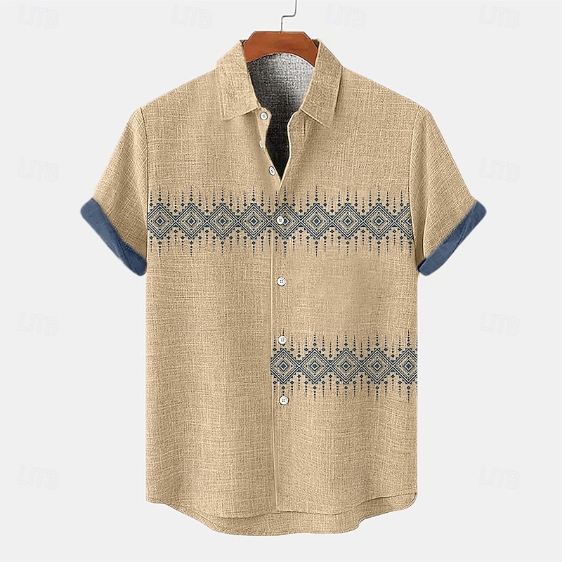 Men's Shirt Linen Shirt Retro Shirts Vintage Shirt Ethnic Shirt Ethnic Vacation Daily Khaki Gray Light Blue Short Sleeve Turndown Summer Spring Clothing Apparel