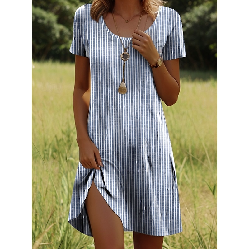 Women's Mini Dress Casual Dress T Shirt Dress Tee Dress A Line Dress Summer Dress Stylish Casual Vacation Casual Daily Regular Fit Graphic Stripe Short Sleeve Crew Neck Light Blue Summer Spring Fall