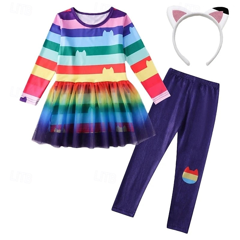 3 Pieces Kids Girls' Stripe Pants Suit Set Long Sleeve Fashion Outdoor 4 years+ Summer Rainbow Set Rainbow Set+Hairband Black White Set+Hairband