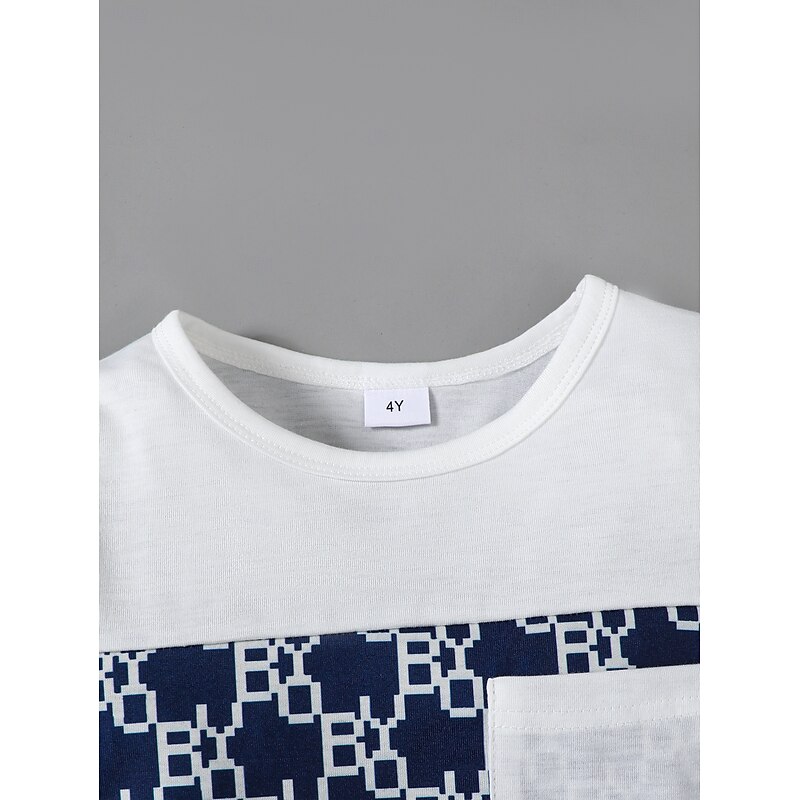 2 Pieces Toddler Boys T-shirt & Shorts Outfit Graphic Geometric Short Sleeve Patchwork Set School Fashion Daily Summer 4-7 Years White3