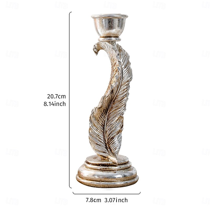 Vintage Antique Silver Feather Candle Holder – Rustic Resin Taper Candle Stand for Home, Wedding, Party, and Dining Table Decoration2