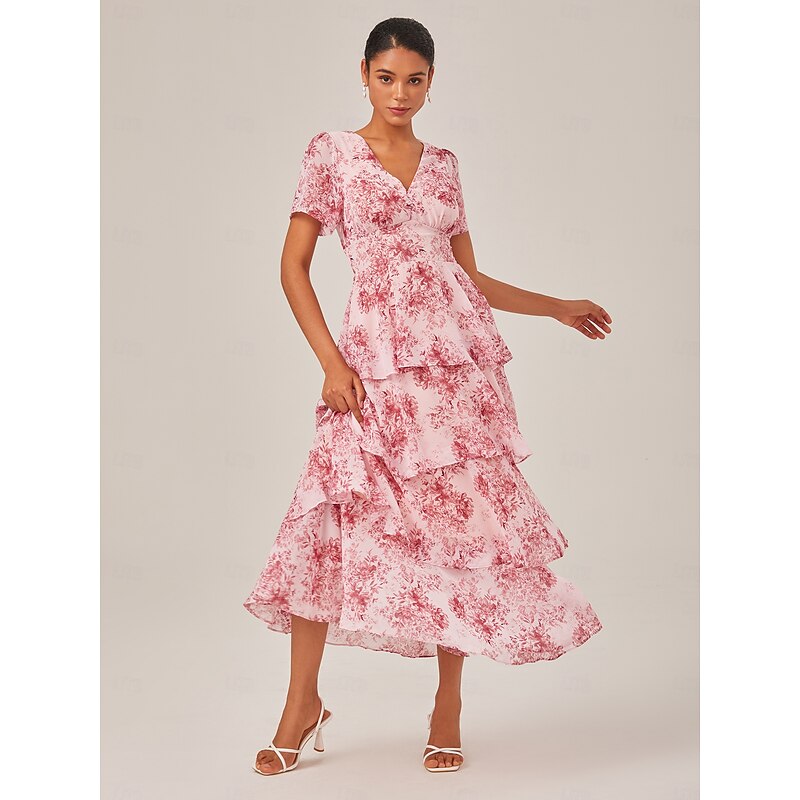 Women's Wedding Guest Party Maxi Dress Casual V Neck Short Sleeve A Line Dress Floral Print Layered Ruffle Tiered Elegant Daily Wear Cake Skirt Waist Slim Fit Long Dress2