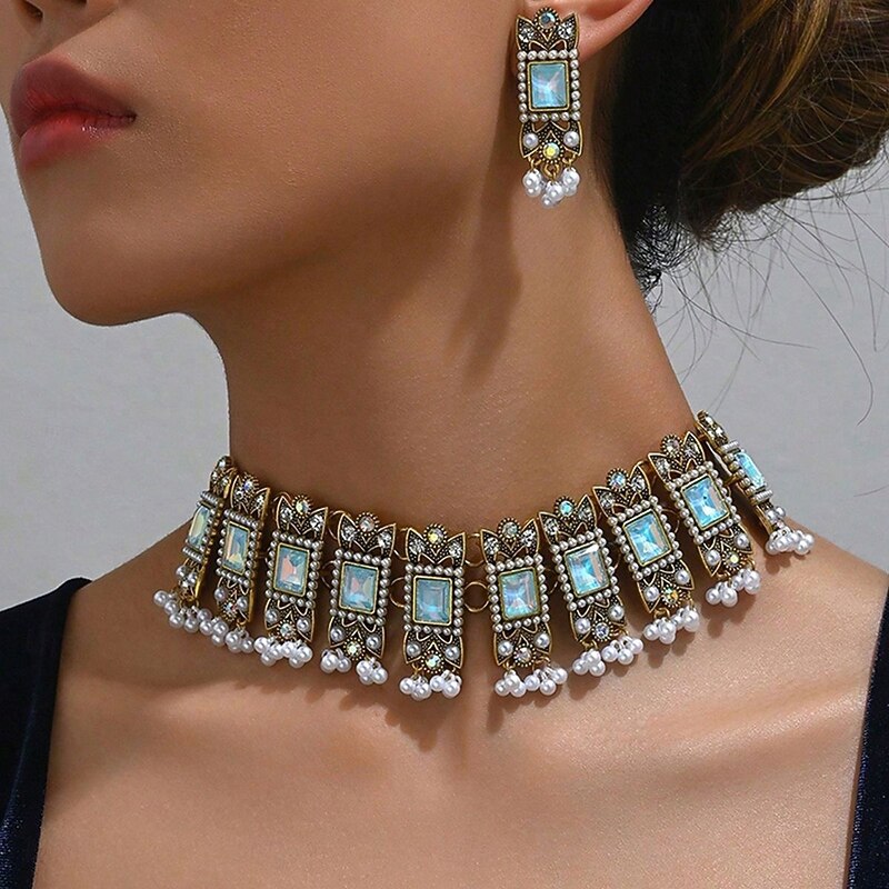 Ethnic style alloy gem necklace earrings 2-piece retro Heavy Industry pearl fringe head jewelry3