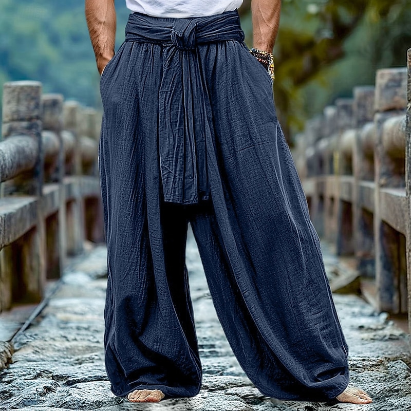 Men's Linen Pants Trousers Summer Pants Drawstring Elastic Waist Wide Leg Plain Comfort Breathable Full Length Casual Daily Holiday Fashion Classic Style Loose Fit White Navy Blue Micro-elastic