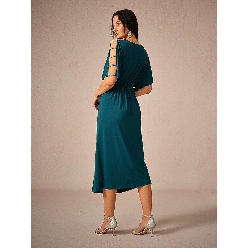 Women's Midi Dress Knit Dress Elegant Stylish Party Date Regular Fit Solid Color Short Sleeve V Neck Ink Blue Summer3