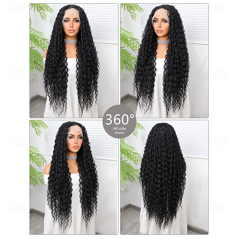Synthetic Lace Wig Deep Curly Style 32 inch Black Middle Part 13x4x1 T Part Lace Front Wig Women's Wig Black2
