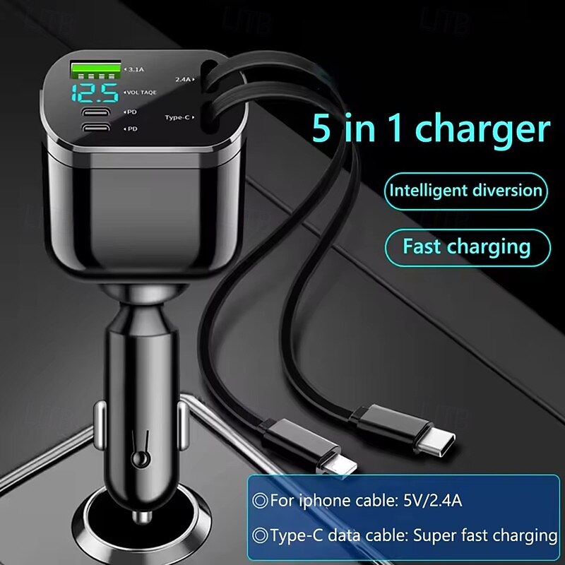 Car Charger Super Fast Charging USB 3.1A Type C PD Fast Charging Voltage Detection Retractable For Ios And Android Phone Charger