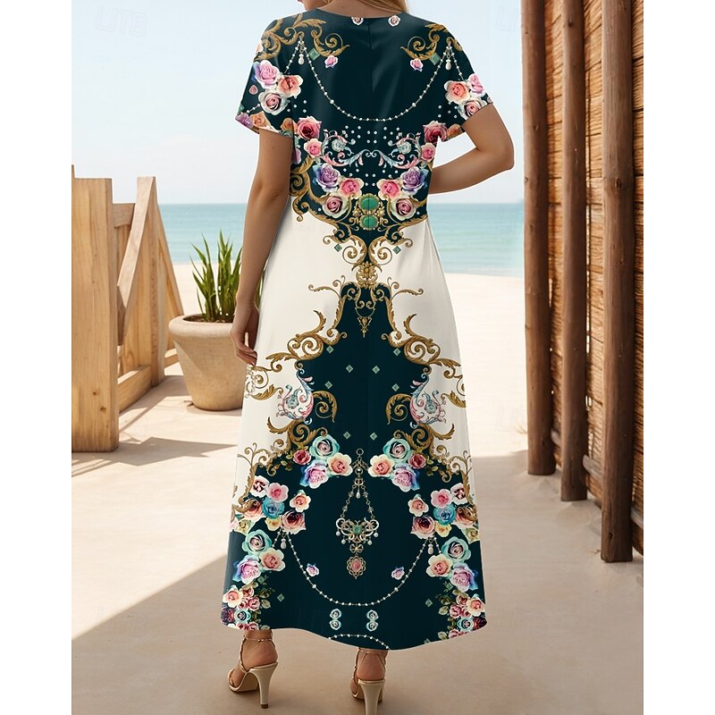 Women's Maxi Dress Casual Dress T Shirt Dress Tee Dress Sundress Bohemia Date Regular Fit Geometric Short Sleeve Crew Neck Black Red Blue Dusty Blue Summer2