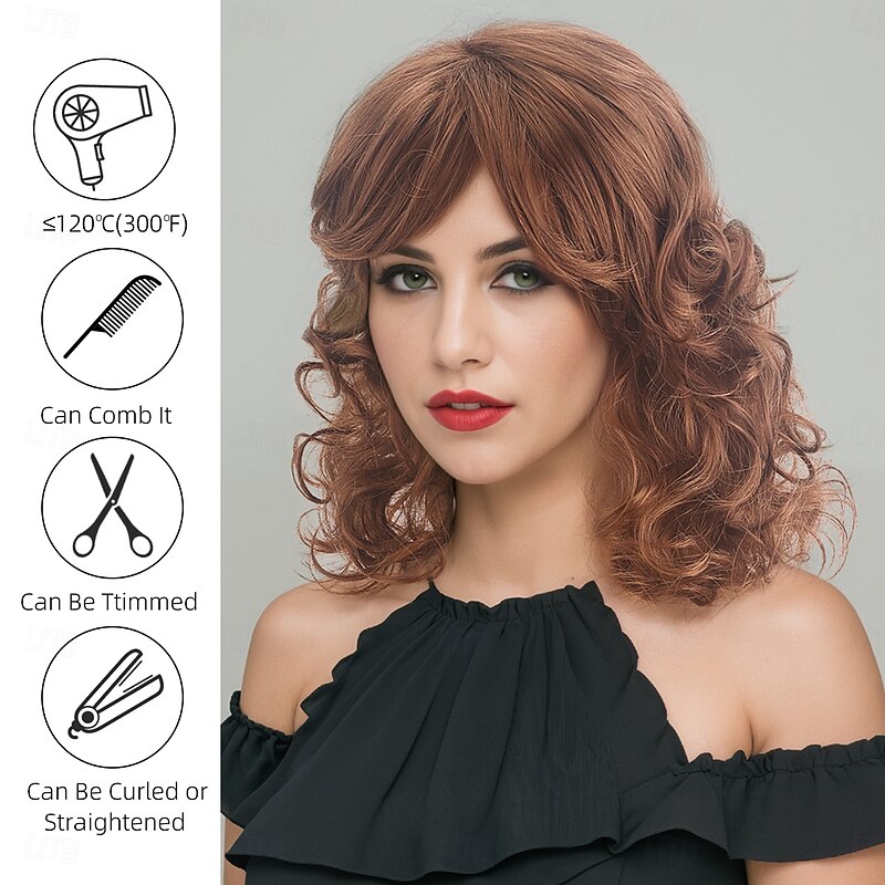 Synthetic Wig Bouncy Curl Deep Wave Side Part Asymmetrical Machine Made Wig 14 inch A1 Synthetic Hair Women's Classic Comfortable Color Gradient Brown3