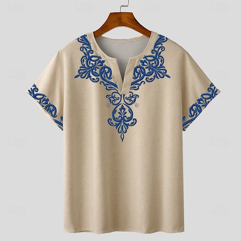 Men's Bandana Print T shirt Tee Short Sleeve T shirt 3D Print V Neck Shirt Designer Boho Vacation Daily Light Blue Khaki Gray Summer Spring Clothing Apparel Normal S M L XL XXL XXXL