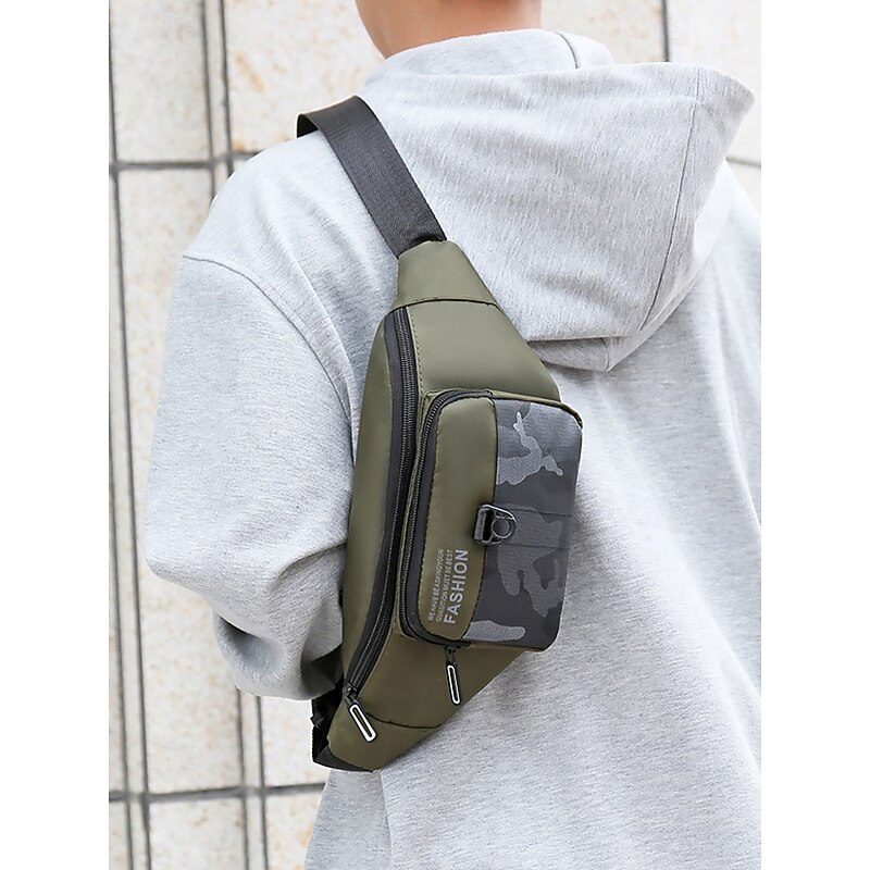 Men's camouflage patchwork waist Fanny bag with multiple compartments - multiple carrying methods, fashionable and practical, suitable for outdoor activities and daily commuting Black Blue Green