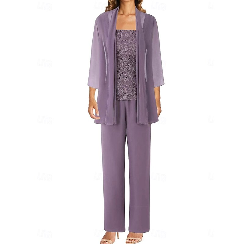 Pantsuit Mother of the Bride Dress Wedding Guest Elegant Simple Jewel Neck Floor Length Polyester Long Sleeve with Solid Color2