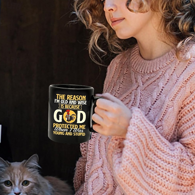 Funny Coffee Mug - The Reason I'm Old and Wise Is Because God Protected Me, Black Ceramic 11oz Cup, Sarcastic Gift for Dad, Grandpa, Friends, and Coworkers4