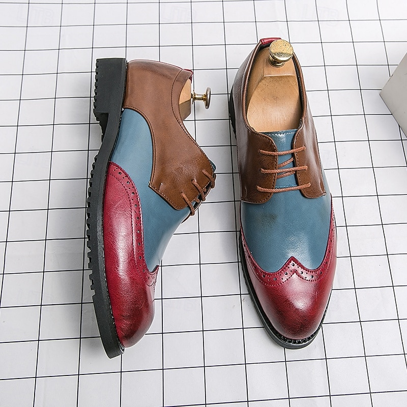 Men's Multicolor Brogue Oxford Shoes - Brown, Red & Blue Wingtip Leather Dress Shoes for Weddings & Office Wear3