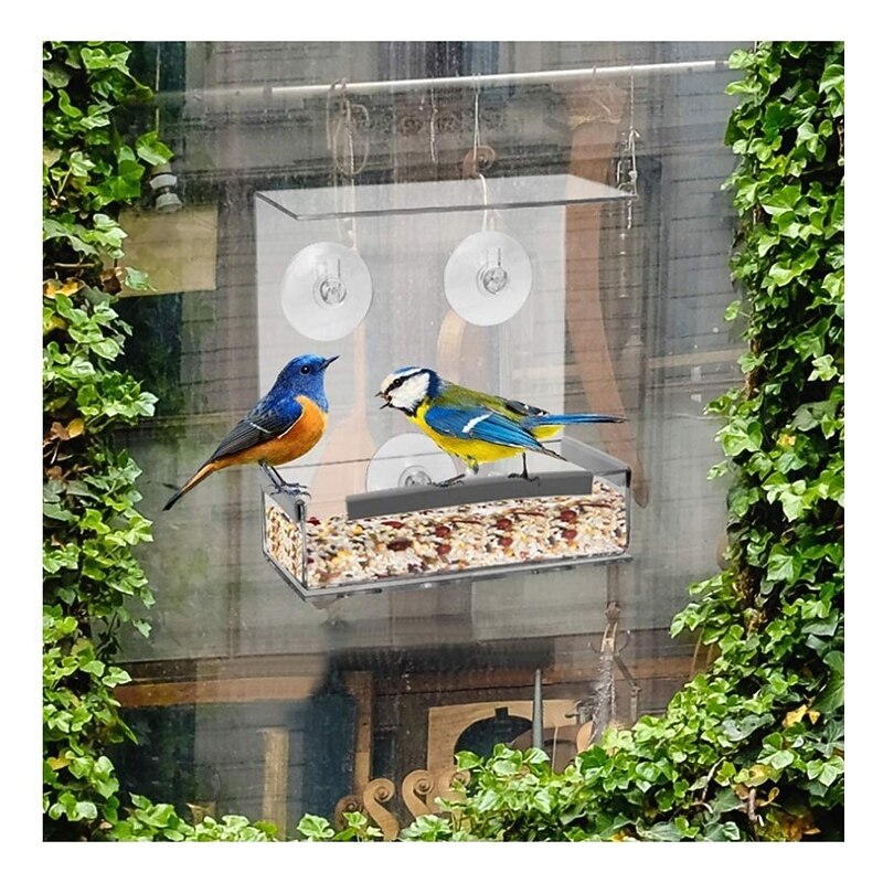 Window Bird Feeder with Strong Suction Cups - Clear Acrylic Bird Feeder for Outdoor Viewing, Large Capacity, Easy to Clean, Gift for Bird Lovers and Cat Owners