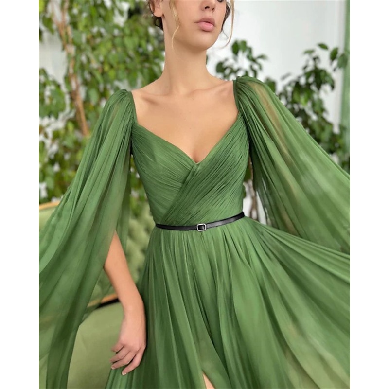 A-Line Evening Gown Elegant Dress Wedding Party Court Train Sleeveless V Neck Fall Wedding Guest Chiffon with Ruched2