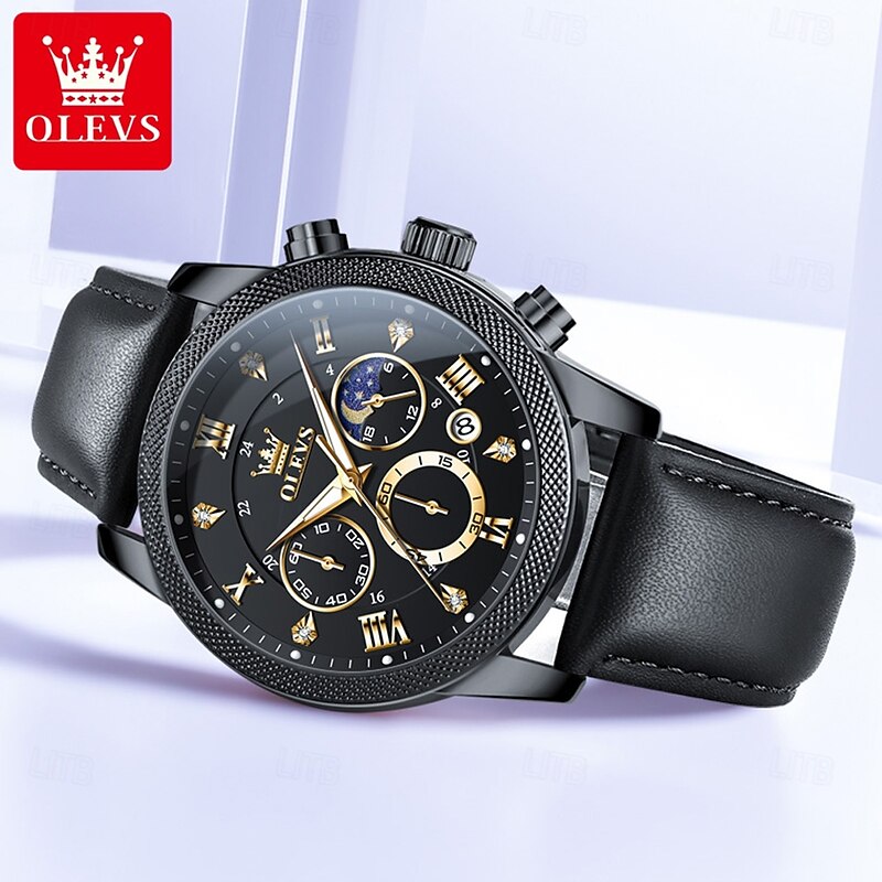 OLEVS 3660 Man Watch Multifunction Black Quartz Watch for Men Waterproof Chronograph Moon Phase Original Men's Wrist Watches4