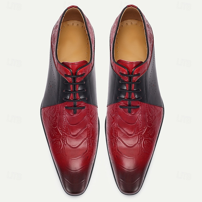 Men's Premium Cowhide Leather Oxfords, Classic Red with Brogue Detailing, Suitable for Business and Formal Events3