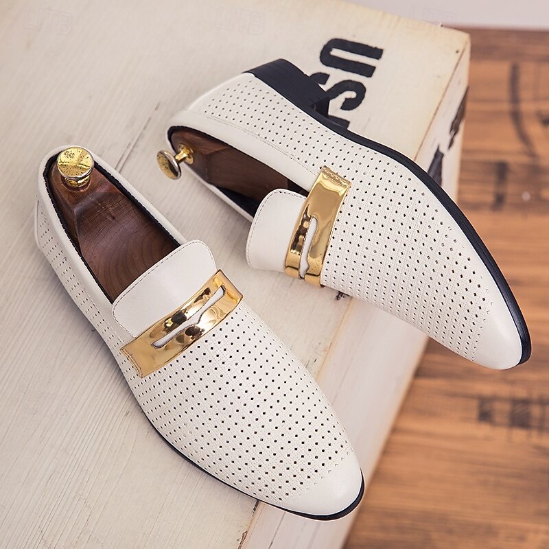 Men's Prom Shoes - Ivory Perforated Faux Leather Loafers with Gold Buckle Detail for Formal Occasions3