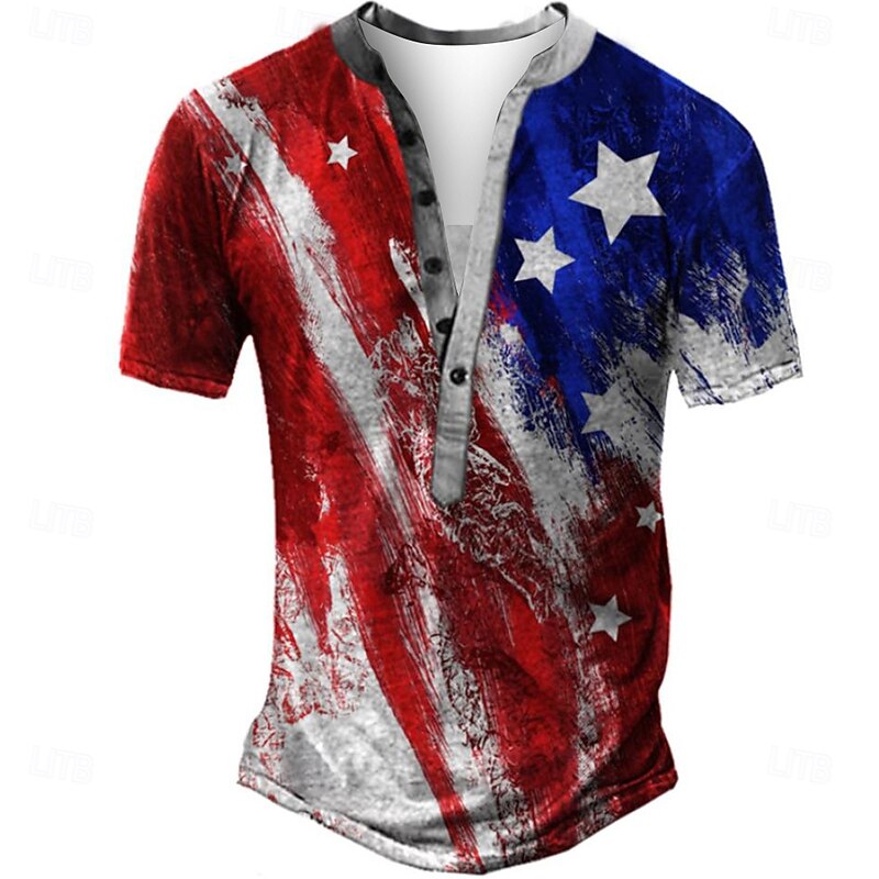 Men's American US Flag T Shirt Henley Shirt Tee Short Sleeve Designer Basic Classic Outdoor Daily Sports Summer Gray Henley Henley T-Shirt