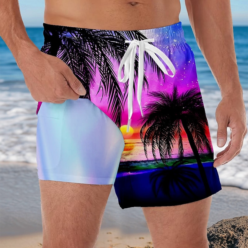 Men's Coconut Tree Tropical Landscape Lined Shorts 2 in 1 Board Shorts Swim Shorts Mid Waist Hawaiian Vacation Side Pockets With Compression Liner Elastic Drawstring Waist Designer Clothing Apparel