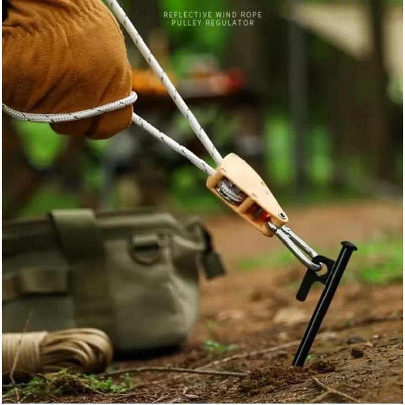 5m Outdoor Windproof Rope, Heavy-Duty Camping Rope with Pulley System, Reflective Nylon Cord with Adjustable Buckle & 2 Stainless Steel Carabiners for Hiking, Tent Setup, Gear Securing2