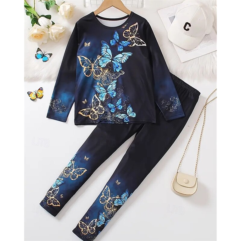Girls' 3D Butterfly Pajama Sets Tee & Pants Pajama Sets Long Sleeve 3D Print Fall Winter Daily Basic Kids 4 years+ Crew Neck Home Daily Regular Fit