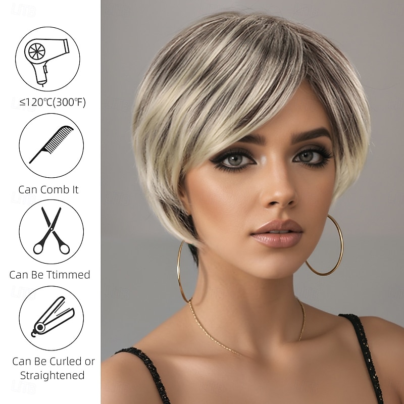 Synthetic Wig kinky Straight Natural Straight Asymmetrical Deep Parting Machine Made Wig 10 inch A1 Synthetic Hair Women's Party Classic Comfortable Silver