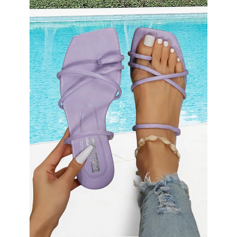 Women's Lavender Strappy Sandals – Trendy Square Toe Flat Sandals for Summer, Beach, and Casual Outings