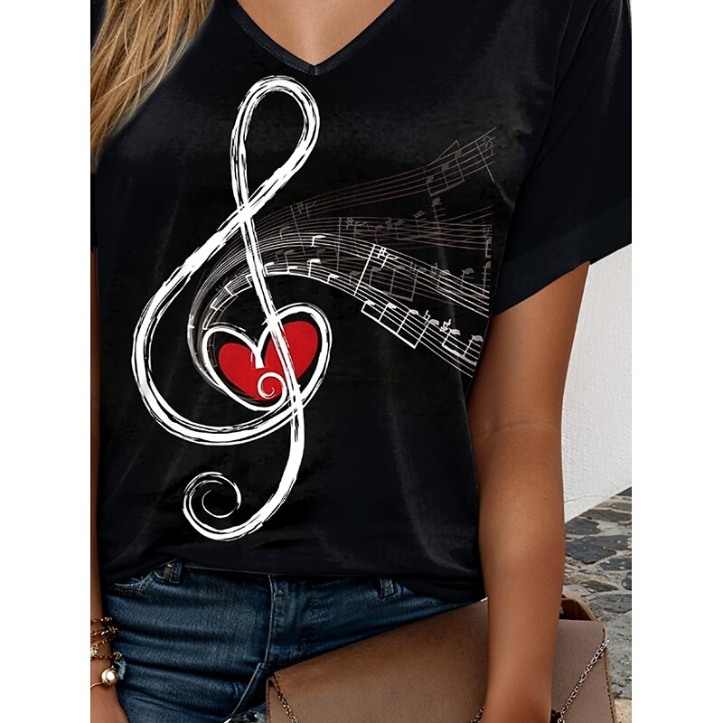 Music Festival Women's T Shirt Graphic Music Casual Short Sleeve V Neck Regular Tops Daily Weekend Vacation Wear Print Black Summer3