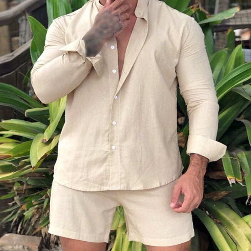 Men's Shirt Linen Shirt Casual Shirt Cotton Linen Shirt Button Up Shirt Plain Vacation Street Pink Purple Apricot Long Sleeve Stand Collar Spring Clothing Apparel Button-Down