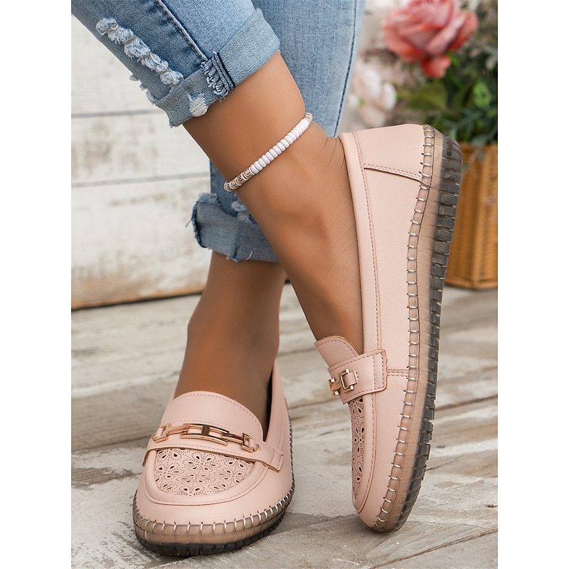 Women's Pink Loafer Moccasins - Breathable Hollow-Out Slip-On Flats with Metal Accent for Casual & Workwear2
