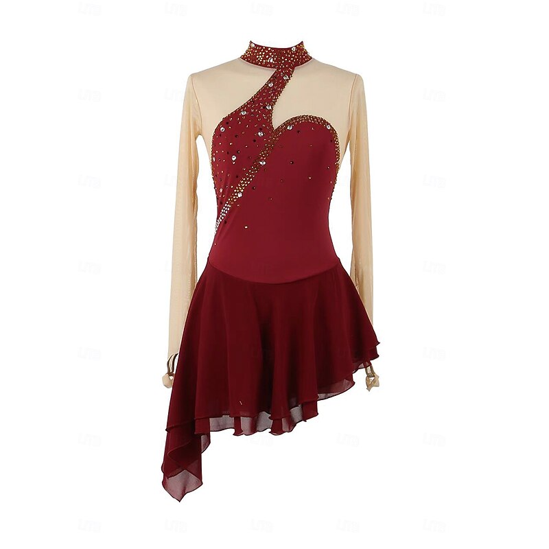 Figure Skating Dress Women's Girls' Ice Skating Dress Burgundy Patchwork Open Back Mesh Spandex Stretchy Training Practice Professional Skating Wear Thermal Warm Crystal / Rhinestone Long Sleeve Ice