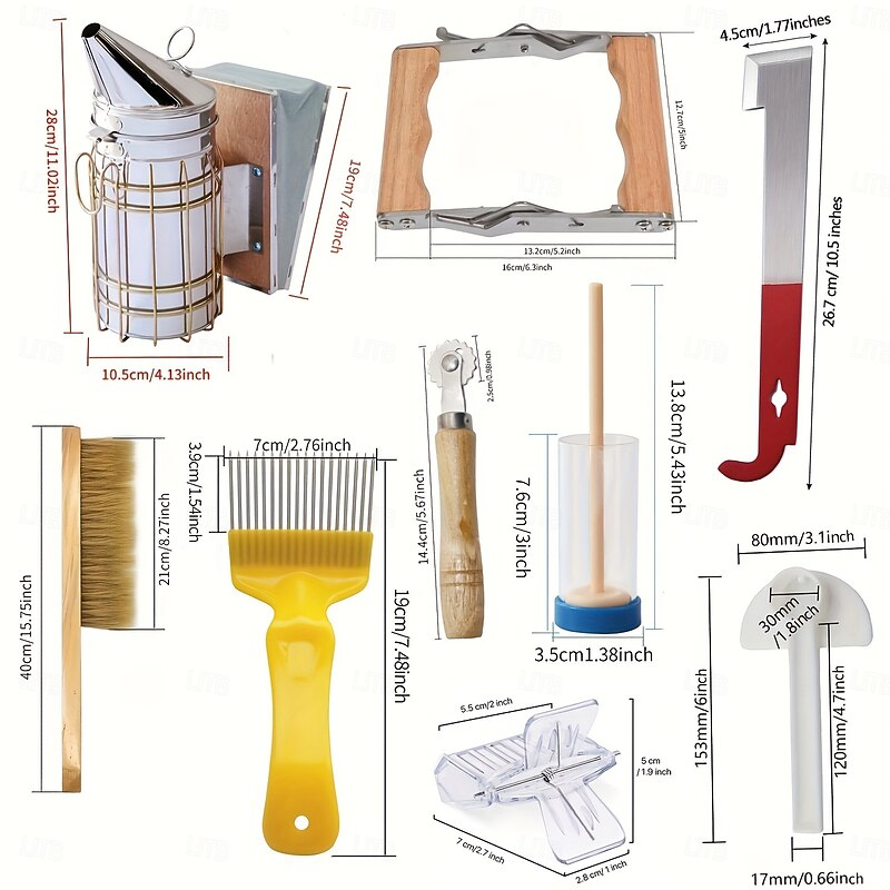 9pcs Beekeeping Tool Kit for Beginners - Durable Stainless Steel, Wood & Plastic Tools with Variety of Beehive Accessories - Ideal Gift Set for Aspiring Beekeepers, Beekeeping Supplies4