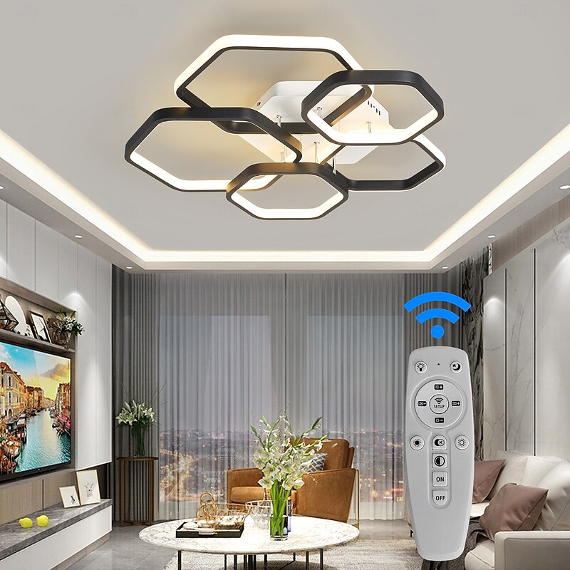 Modern Creative LED Ceiling Light with 3 Heads 52W 5 Heads 80W Stepless Dimming Remote Control APP Hexagonal LED Ceiling Light Suitable for Bedroom Living Room Dining Room and Home Lighting