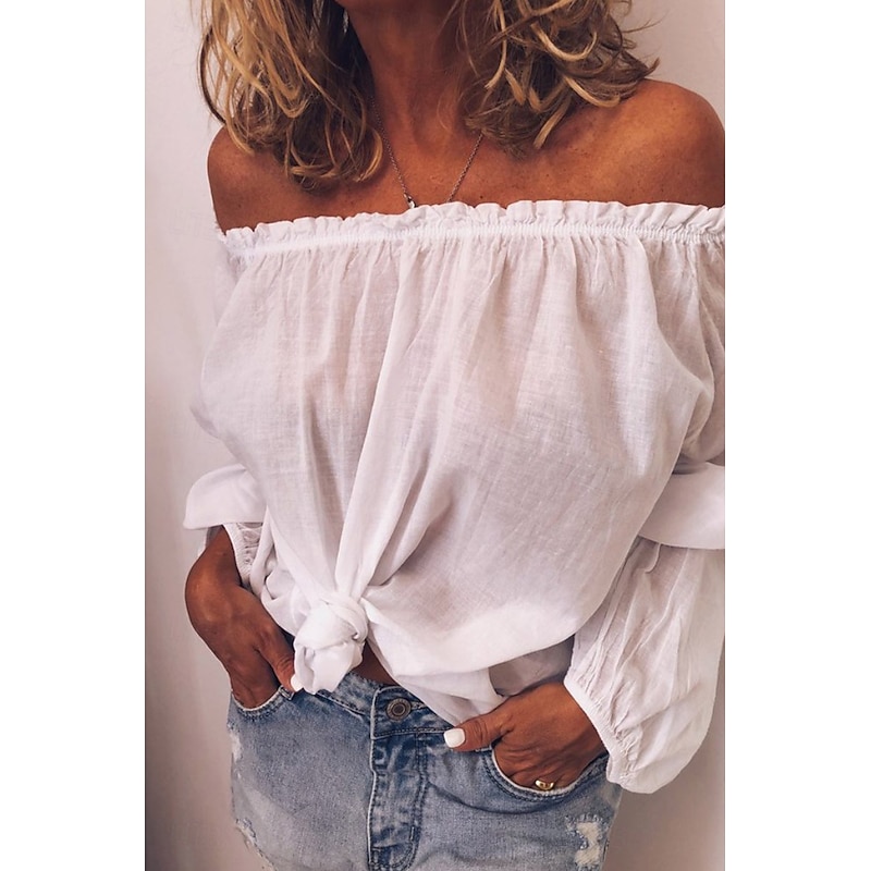 Women's Shirt Linen Shirt Cotton Linen Shirts Plain Daily Stylish Basic Long Sleeve Off Shoulder Regular Tops Daily Going out Ruched Black White Blue Spring