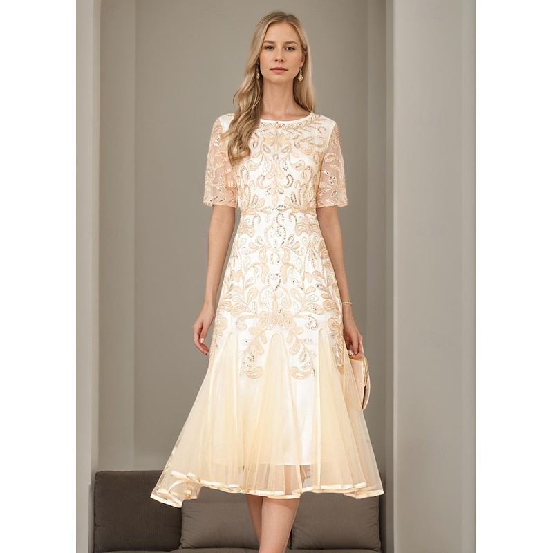 A-Line Beaded Dress Mother of the Bride Elegant Vintage Party V Neck Floor Length Lace Beaded Sequin Lace Short Sleeve with Flare