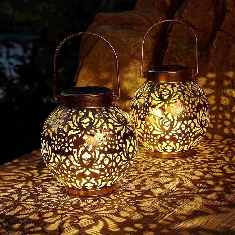 2 Pcs Solar LED Garden Light Lanterns Outdoor Starry Sky Projection Waterproof Solar Metal Lanterns Retro Hollow Design Suitable for Garden Terrace Balcony and Lawn Decoration3