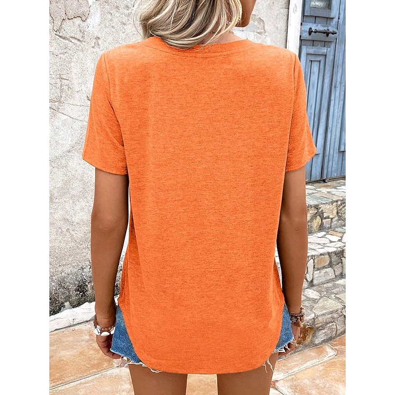 Women's T Shirt Solid Color Casual Short Sleeve V Neck Regular Tops Daily Going out Weekend Print Orange Summer2
