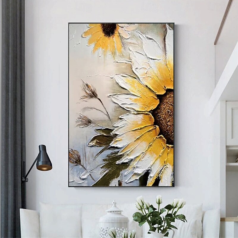 Sunflower oil Painting handmade Floral White and Yellow Artwork flower oil painting Hand-Painted Flower Art Painting on Canvas Personalized Art Gift oil painting for Home decoration