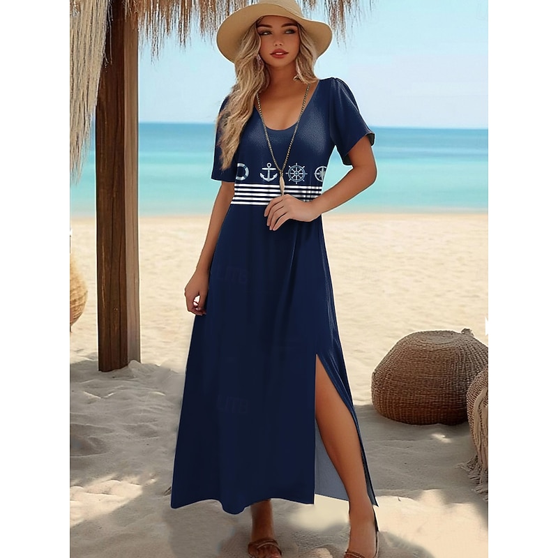 Women's Maxi Dress T Shirt Dress Tee Dress Sundress Shift Dress Summer Dress Vacation Tropical Stylish Vacation Party Holiday Regular Fit Geometric Stripe Short Sleeve Crew Neck White Dark3